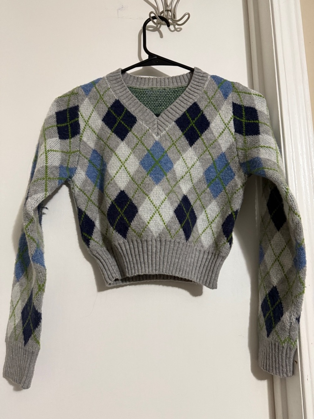 Women’s Grey Argyle V-Neck Sweater - Navy & Blue